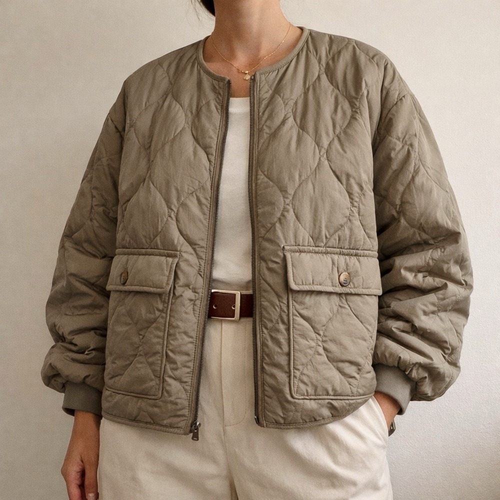 Joie Quilted Puffer Bomber Jacket Sz L Green Minimalist Utility Down Alternative
